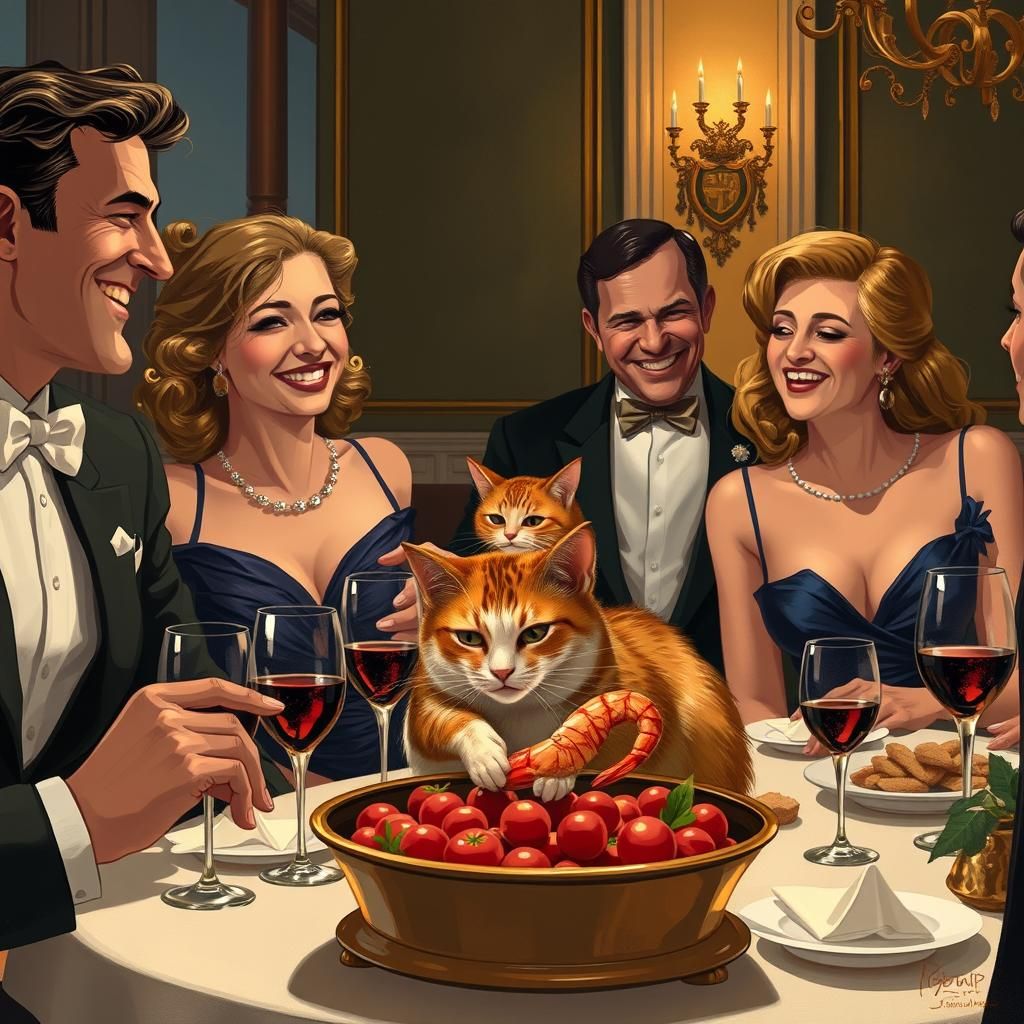 Cat Burglar at Upscale Dinner Party, Oil Painting Style