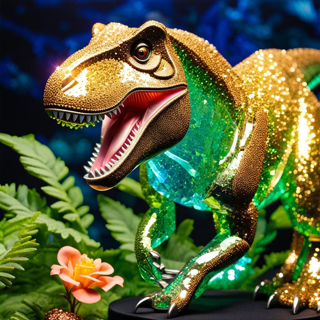 Bioluminescent Crystal T-Rex Sculpture in Dynamic Colors