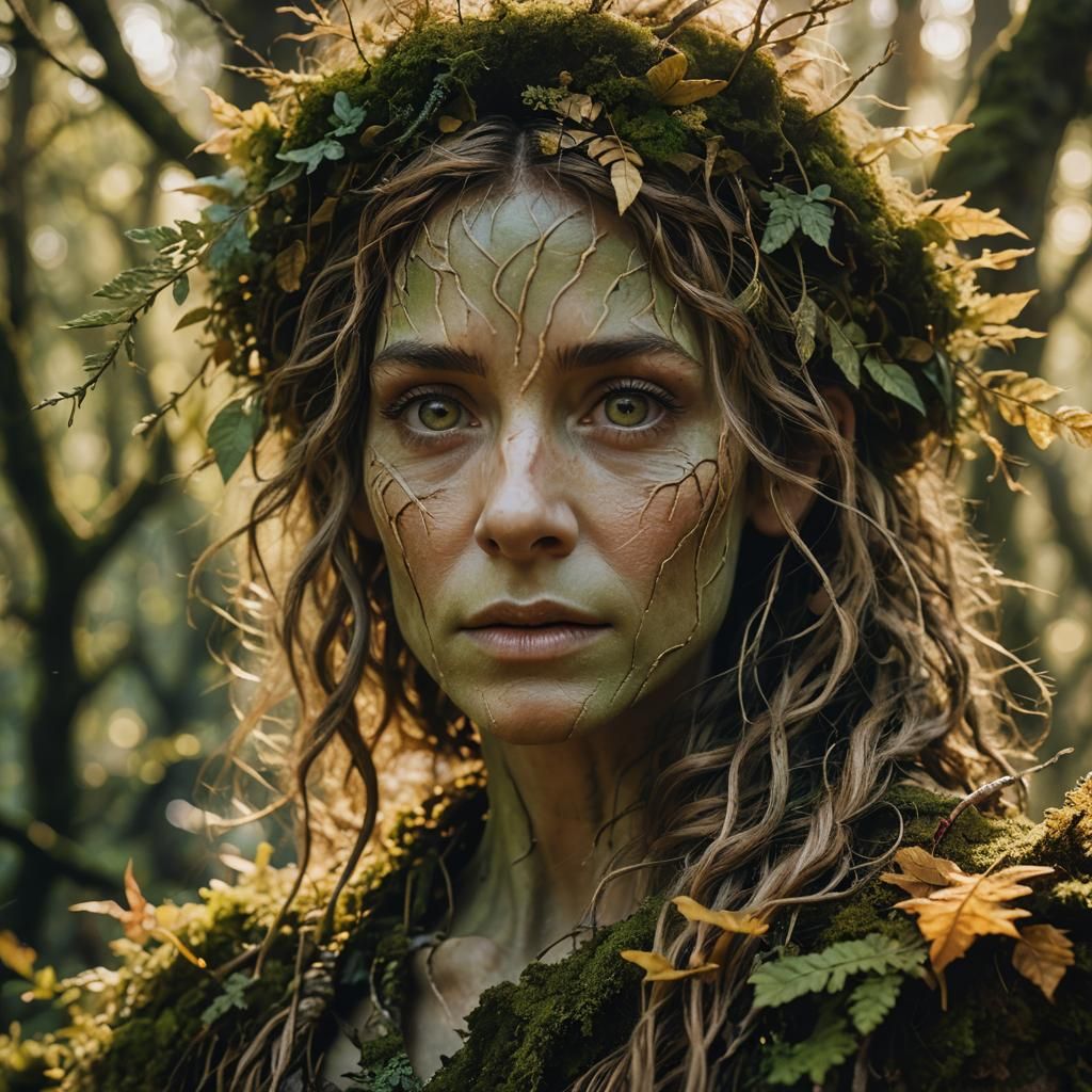 Dryad Portrait in Ancient Forest, Cinematic Film Still