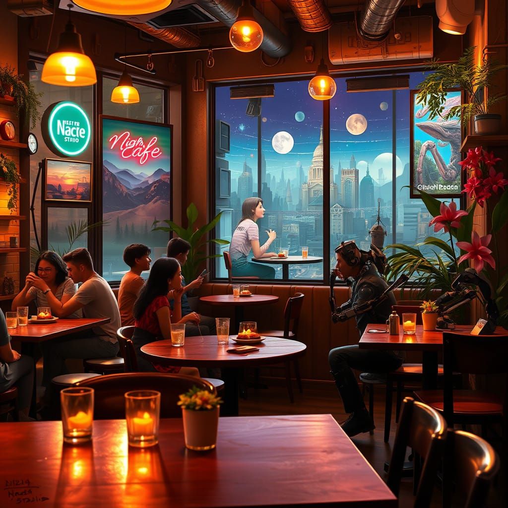 Cozy Nightlife Café Scene in Vibrant AI Art Style
