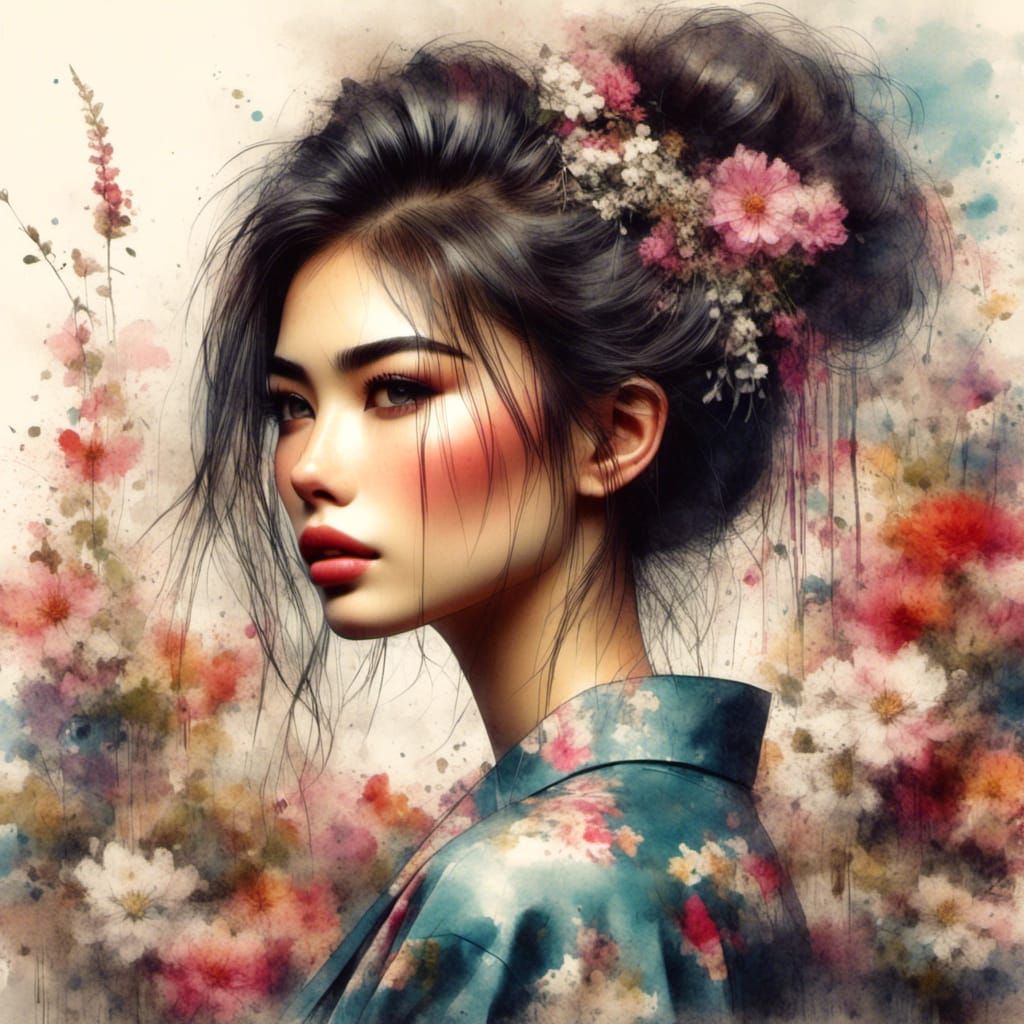 Stunning Asian Woman in Wildflower Field: Oil Painting