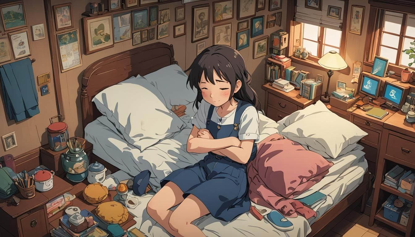 Anime Girl Sleeping: Ghibli-Style Cel-Shaded Art