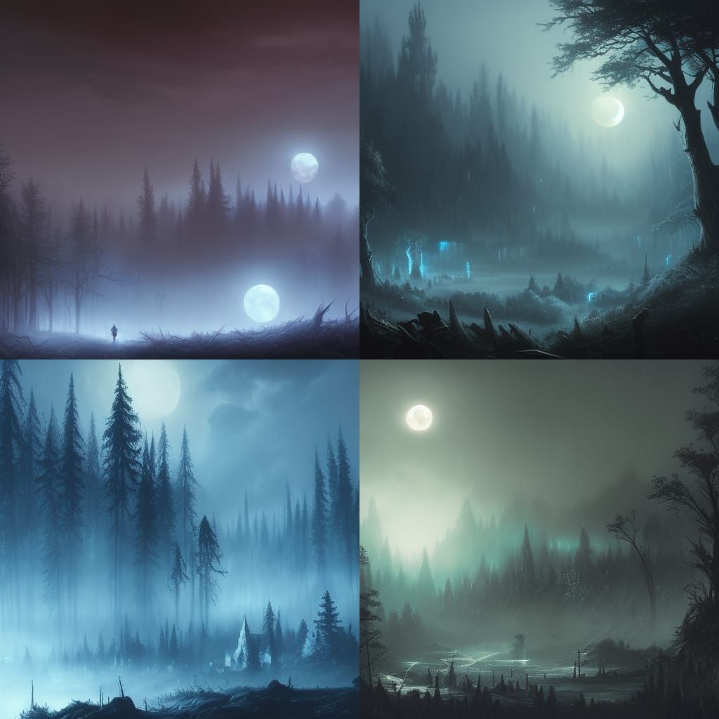 Dark Fantasy Forest with Moon, Fog and Village