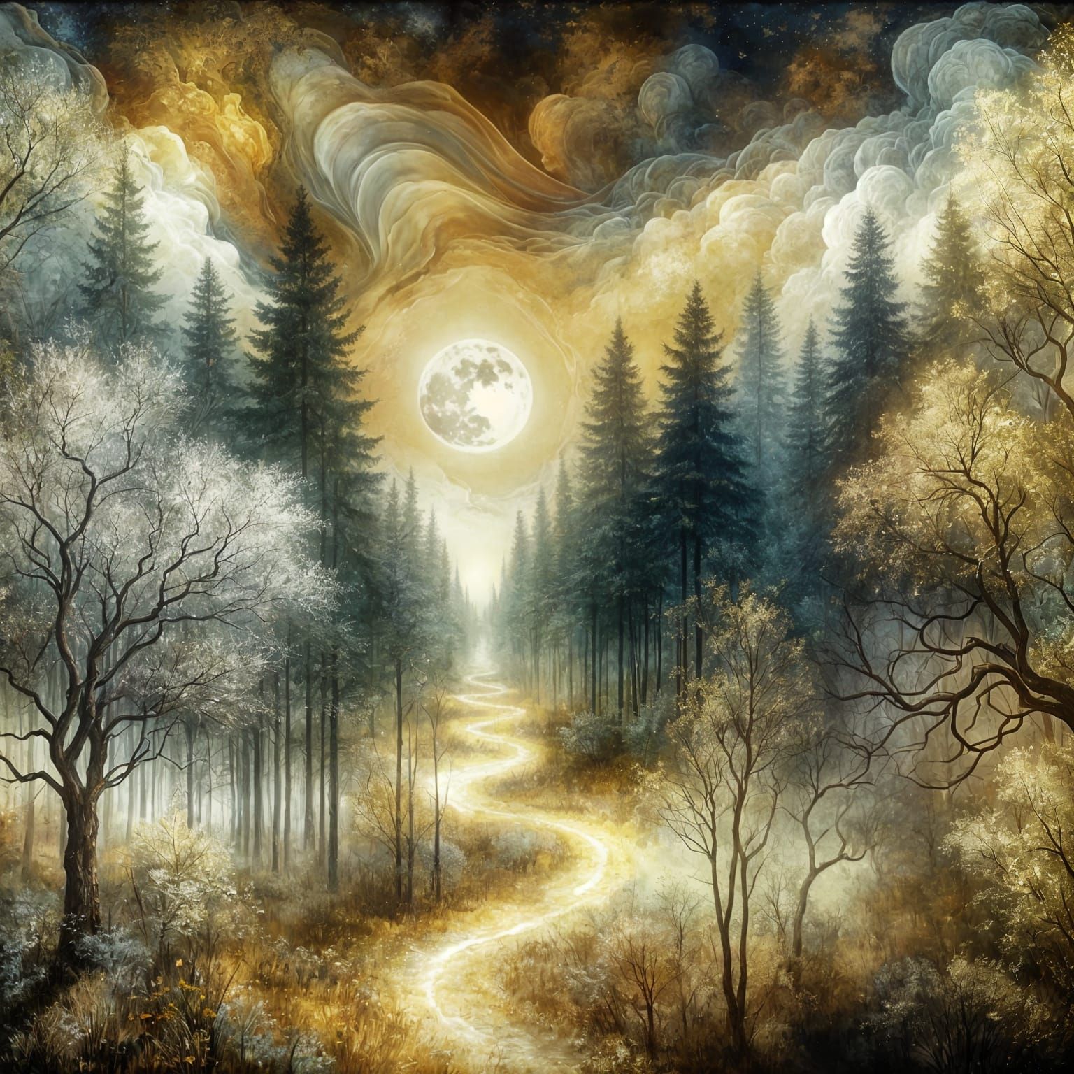 Dreamy Forest Under Full Moonlit Sky in Romantic Oil Paintin...
