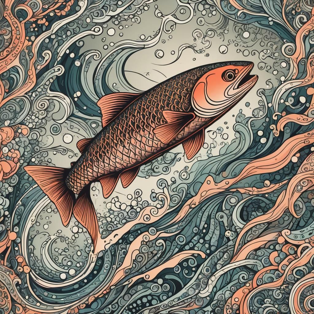 Sockeye Salmon Leaping: Abstract Line Drawing