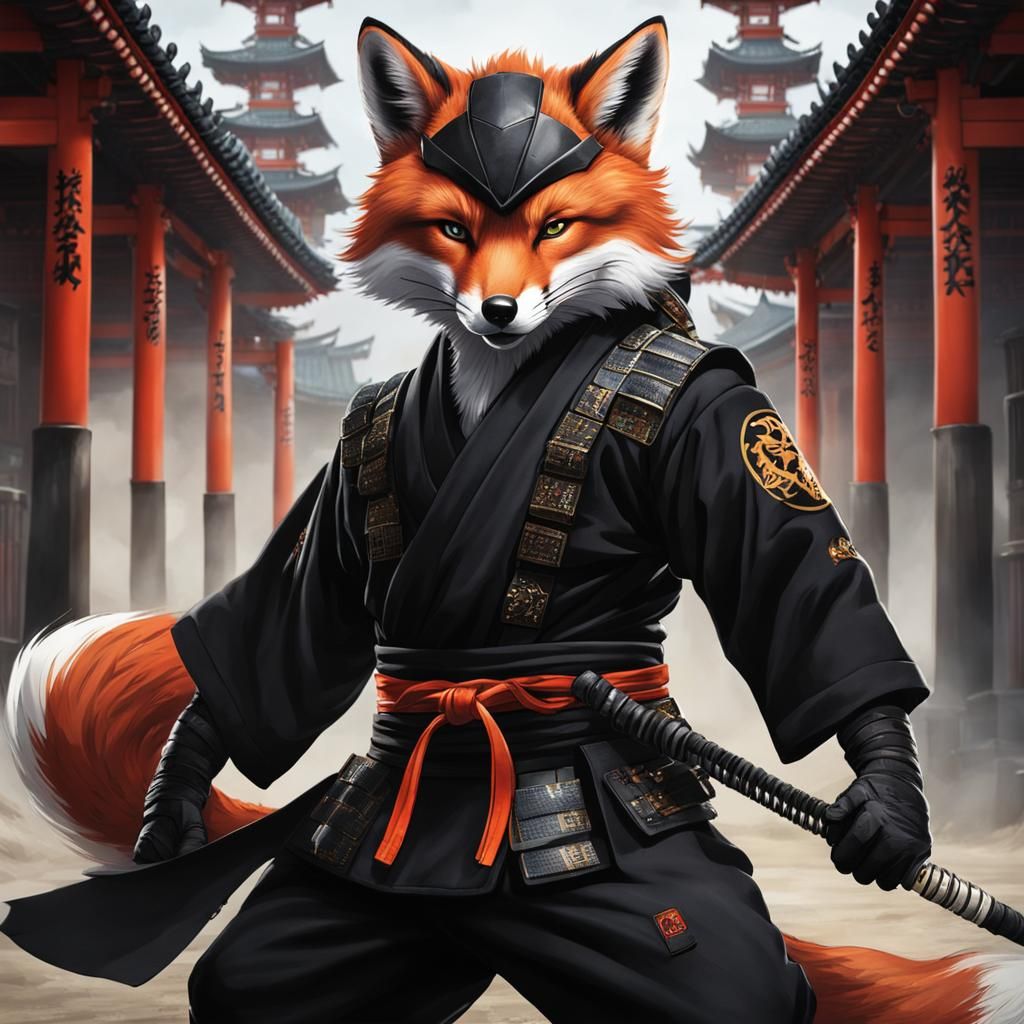 Ninja Fox in Black Kimono with Combat Gear