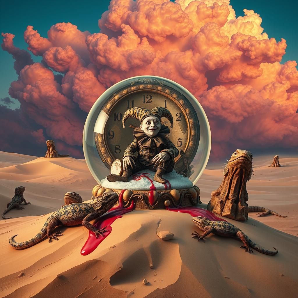 Surreal Desert Snow Globe with Melting Desserts