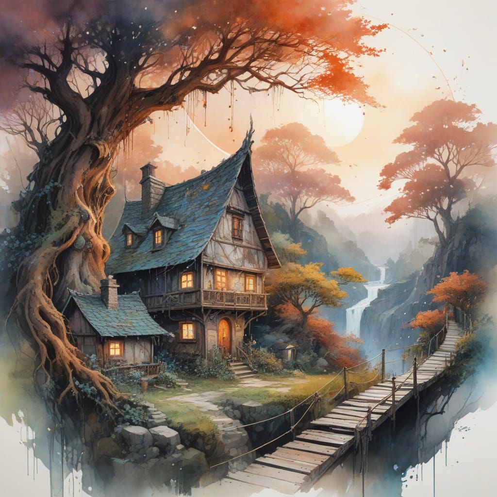 Cosmic Village Under Crescent Moon in Whimsical Space Scene