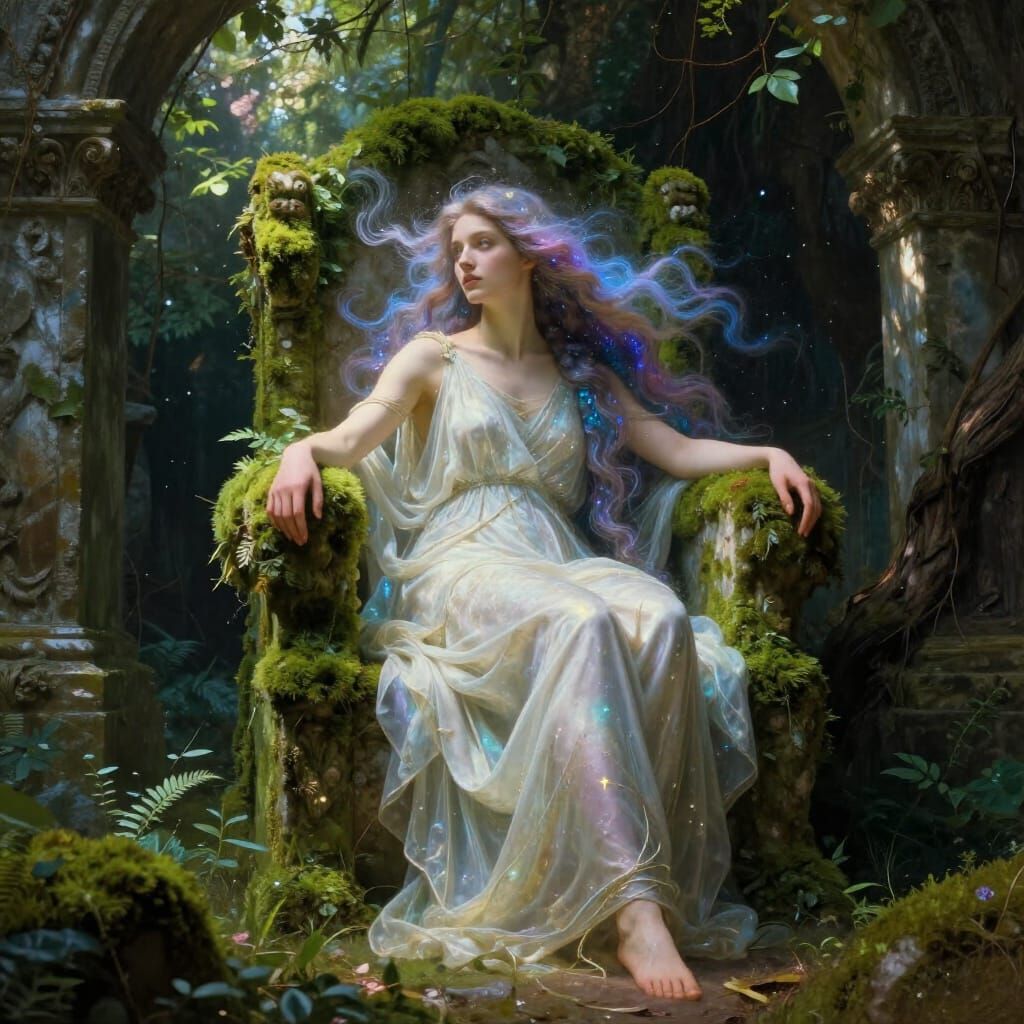Ethereal Goddess on Throne in Ancient Ruin Painting