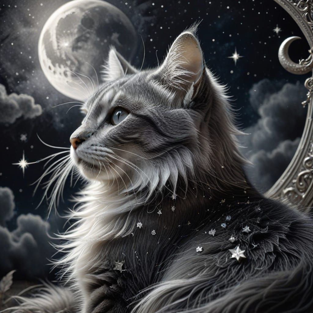 Cuddly Cat on Moon in Charcoal Drawing