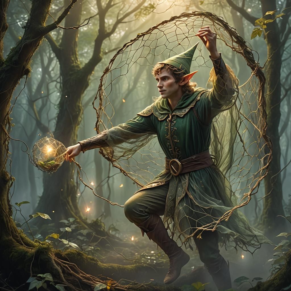 Elf Casts Magical Net in Misty Forest