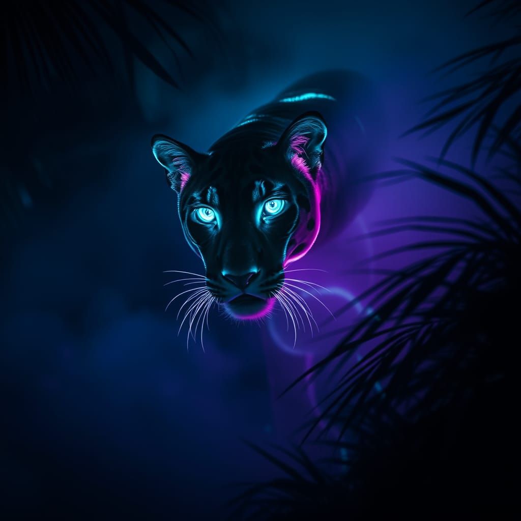 Fluorescent Panther in Smoky Night Jungle