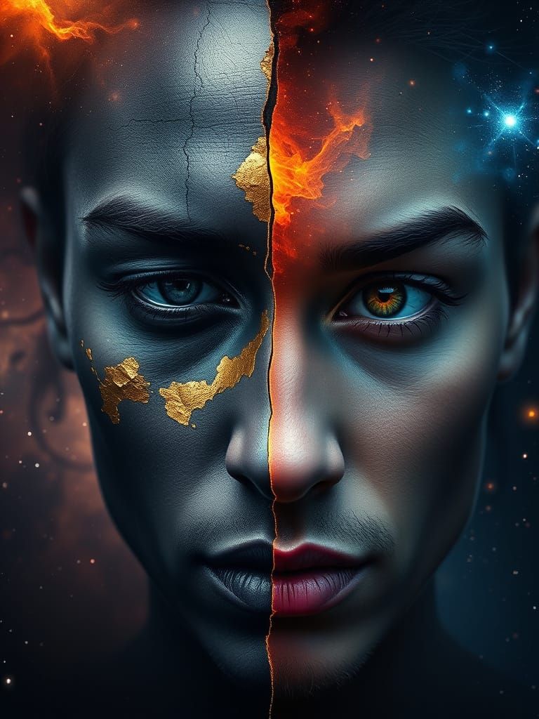 Face Split Vertically With Gold Flakes and Stellar Nebula