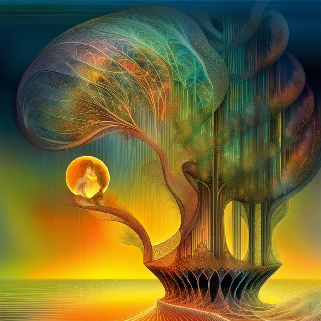 Suminagashi Fractal Forest with Pregnant Girl in 4D