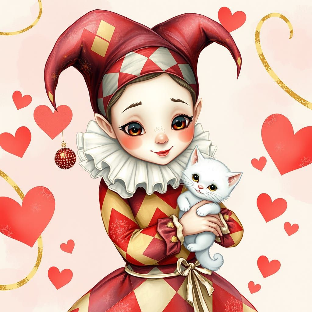 Whimsical Jester Girl with Kitten in Pastel Heartland