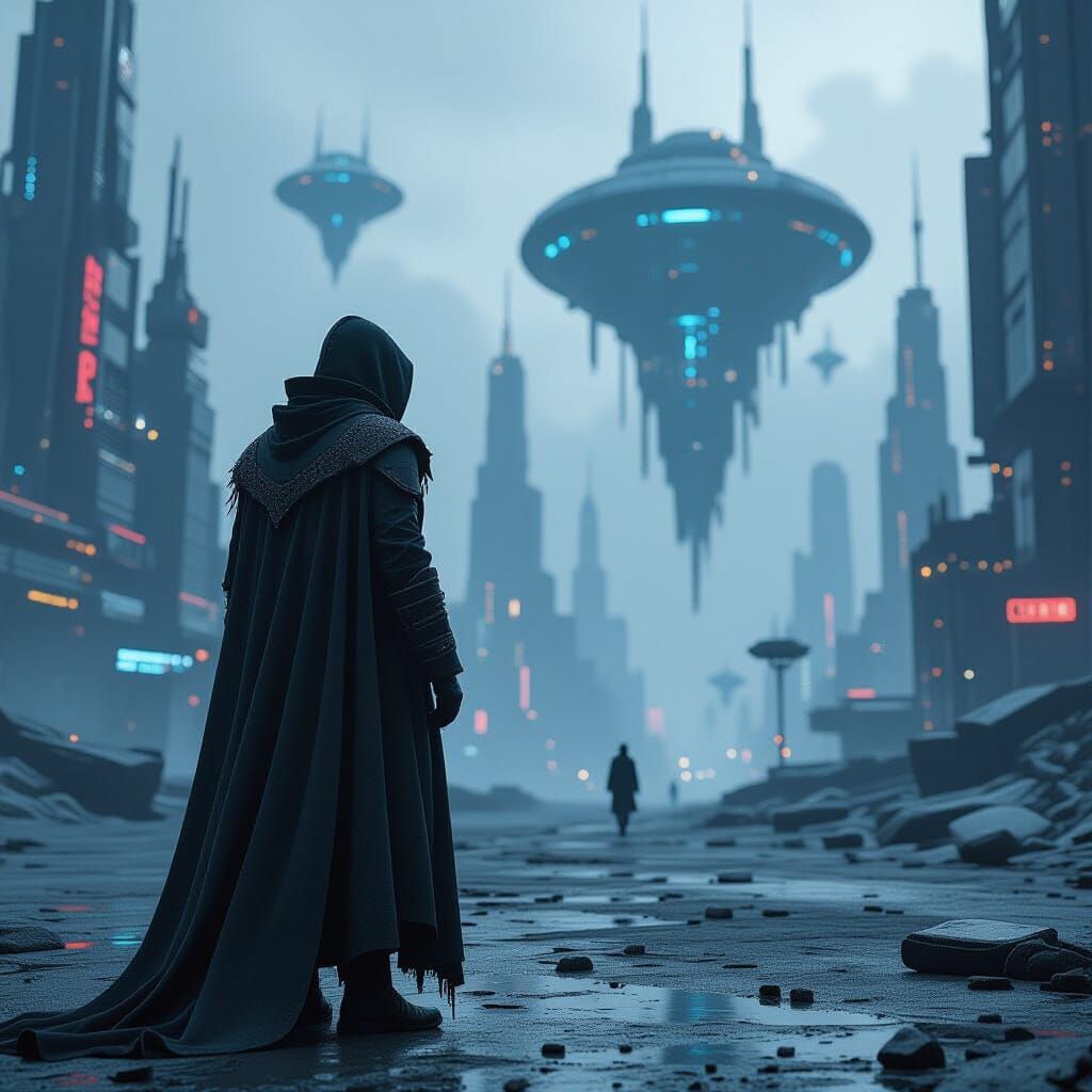 Dystopian Future: Lone Figure in Cyberpunk Cityscape