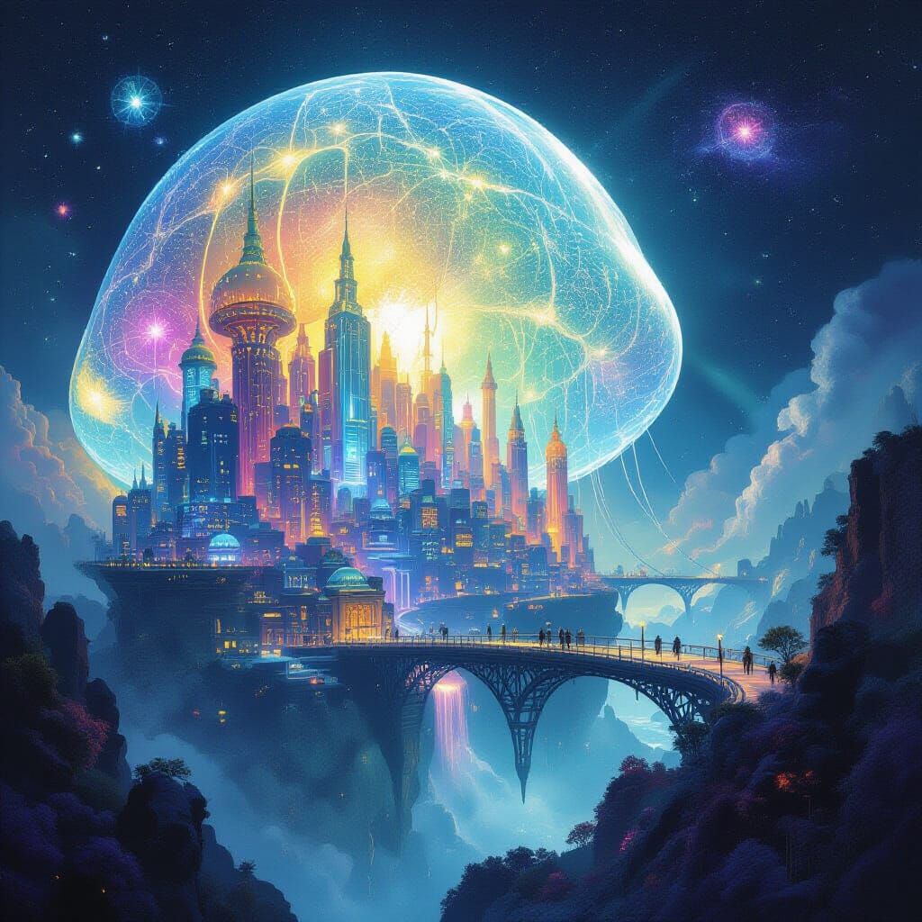 Cosmic Jellyfish City with Bioluminescent Buildings