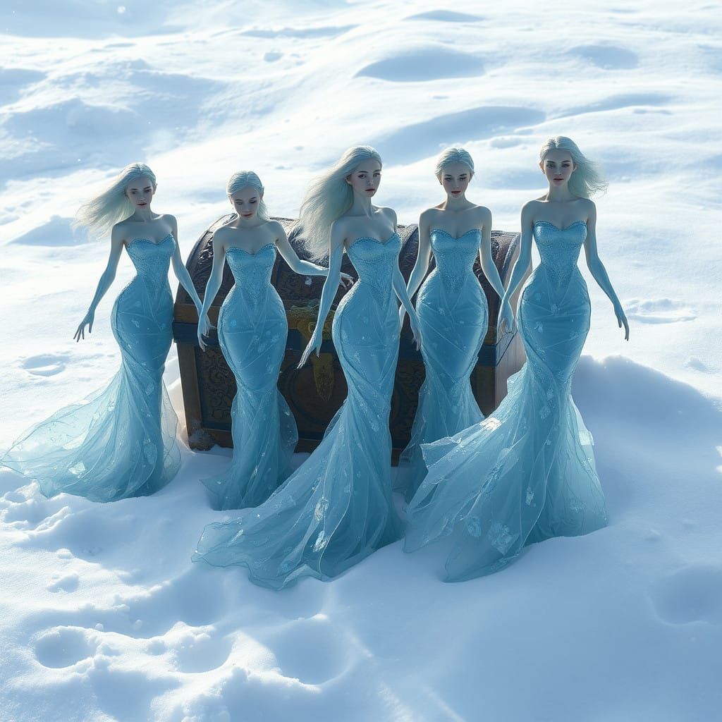 Ethereal Sirene Women Float Above Snowy Treasure