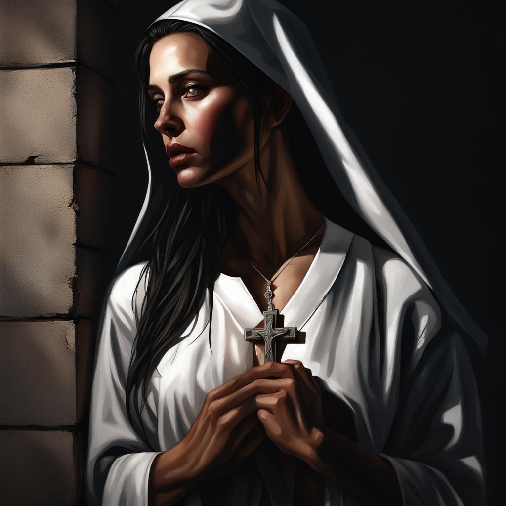 Hyperrealistic Nun with Crucifix in Dark Prison Cell