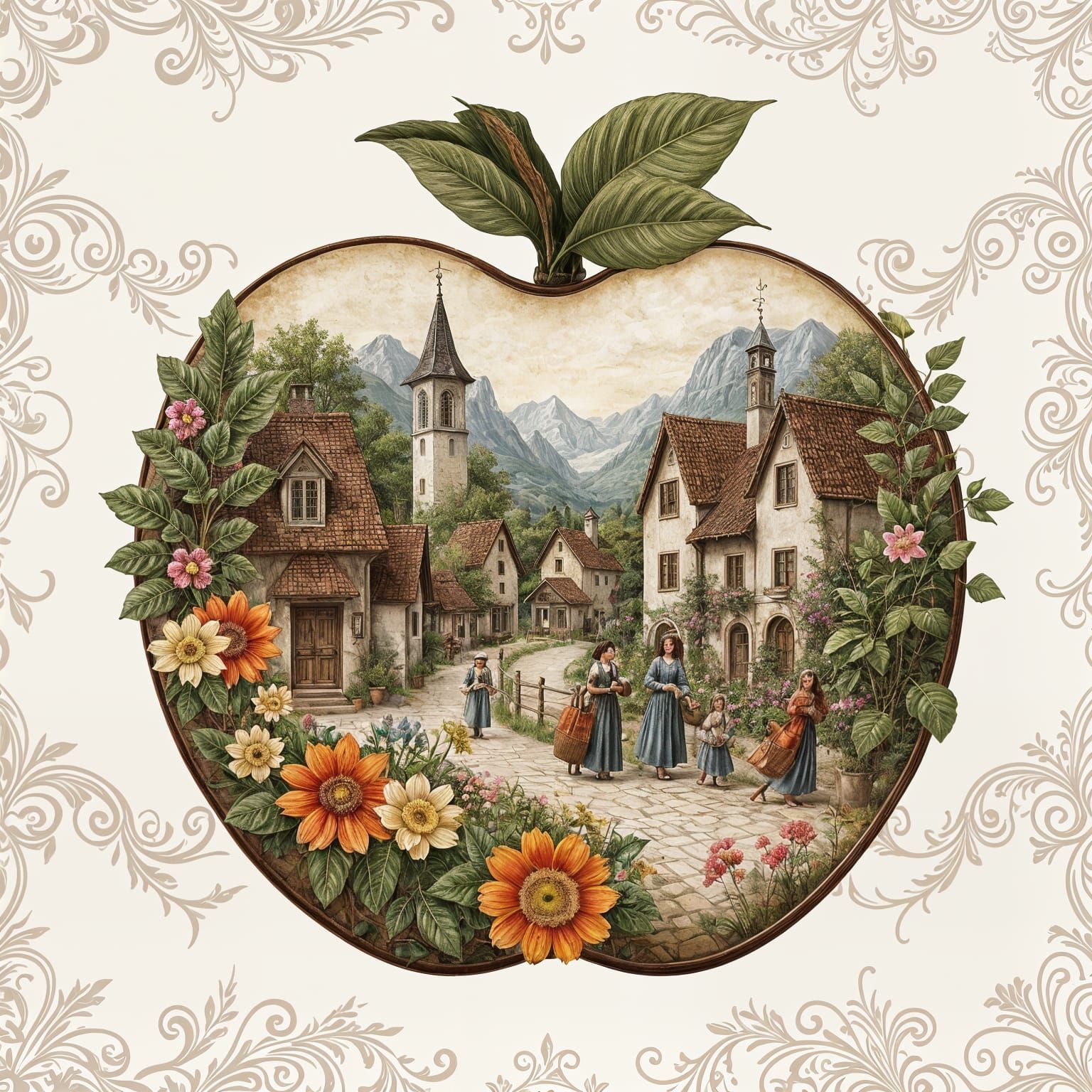 Charming Apple-Framed Village Scene with Vintage Texture
