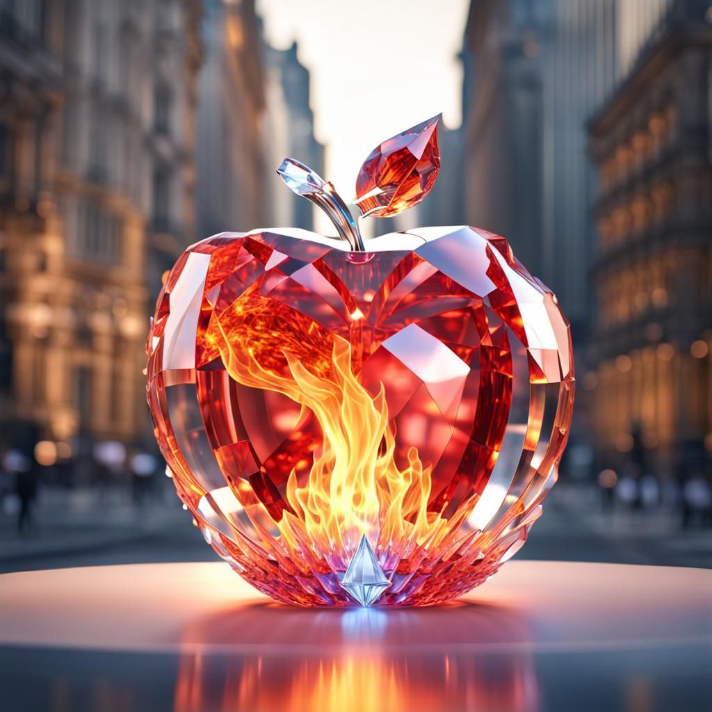 Burning City Inside Crystal Apple: Hyperdetailed 3D Render