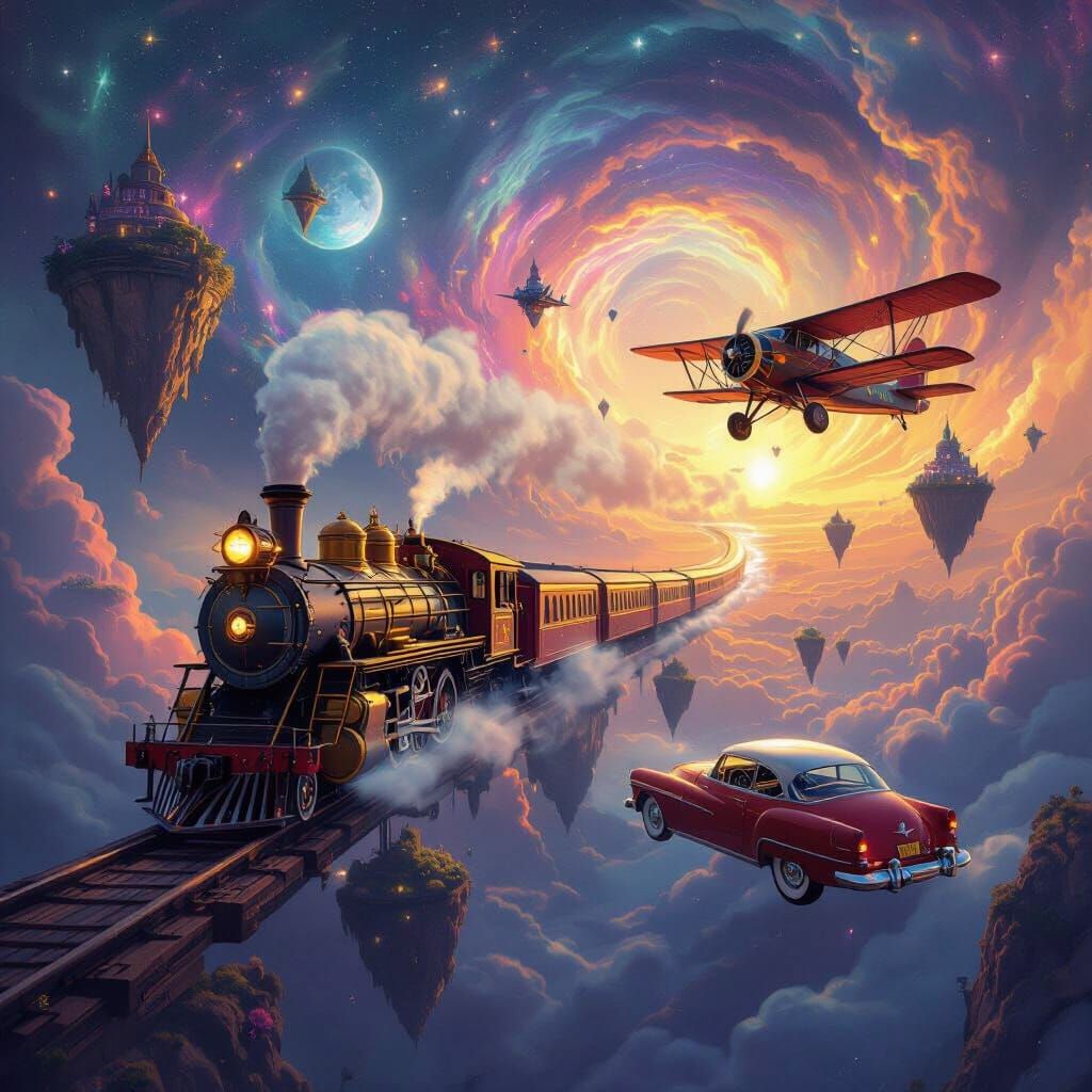 Whimsical Steampunk Vehicles Soaring Through Nebula