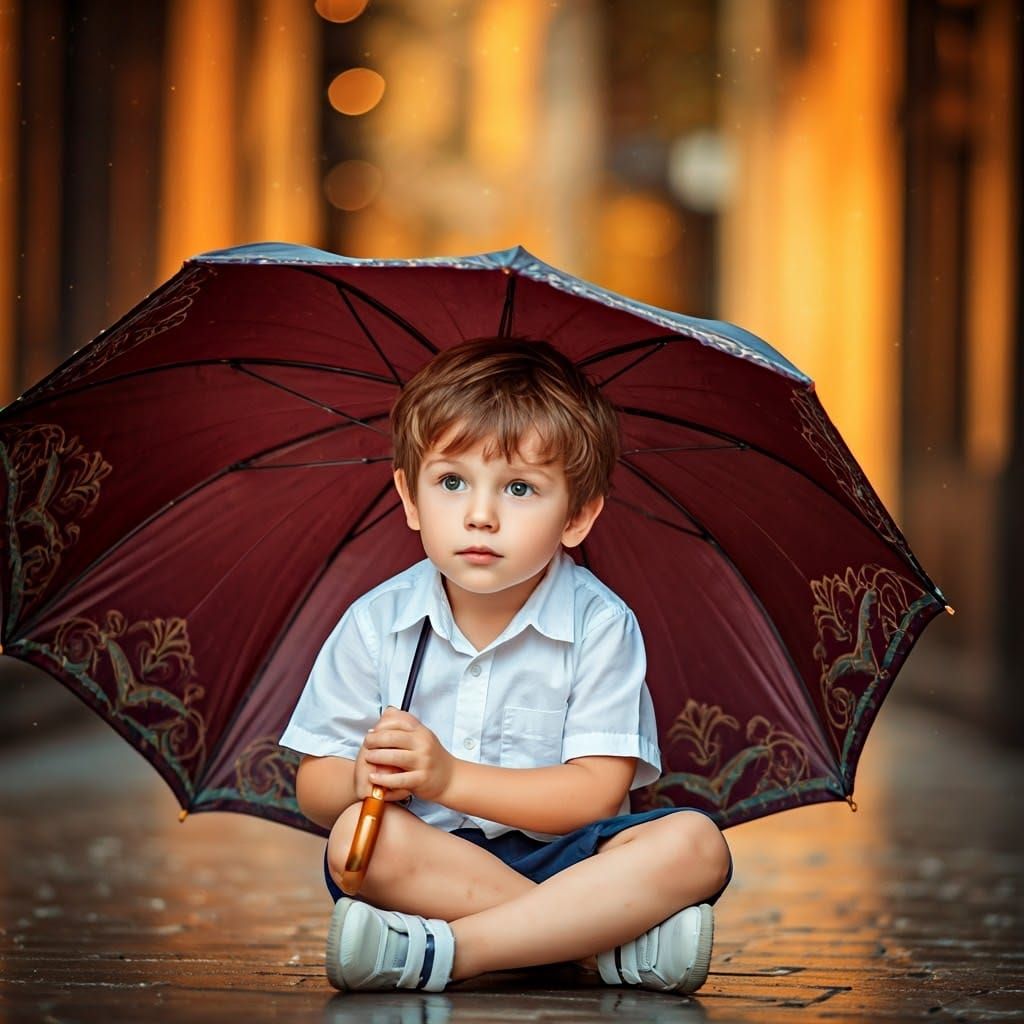 Surreal Art Deco Boy Under Vibrant Umbrella in Warm Colors