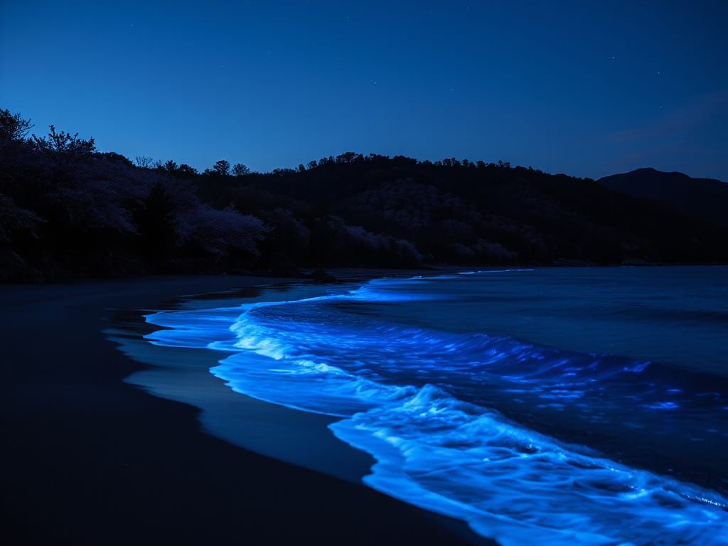 Bioluminescent Waves at Dusk with Cherry Blossoms