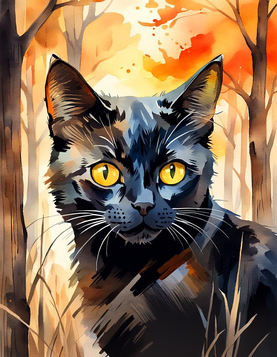 Black Cat with Golden Eyes in Watercolor Art