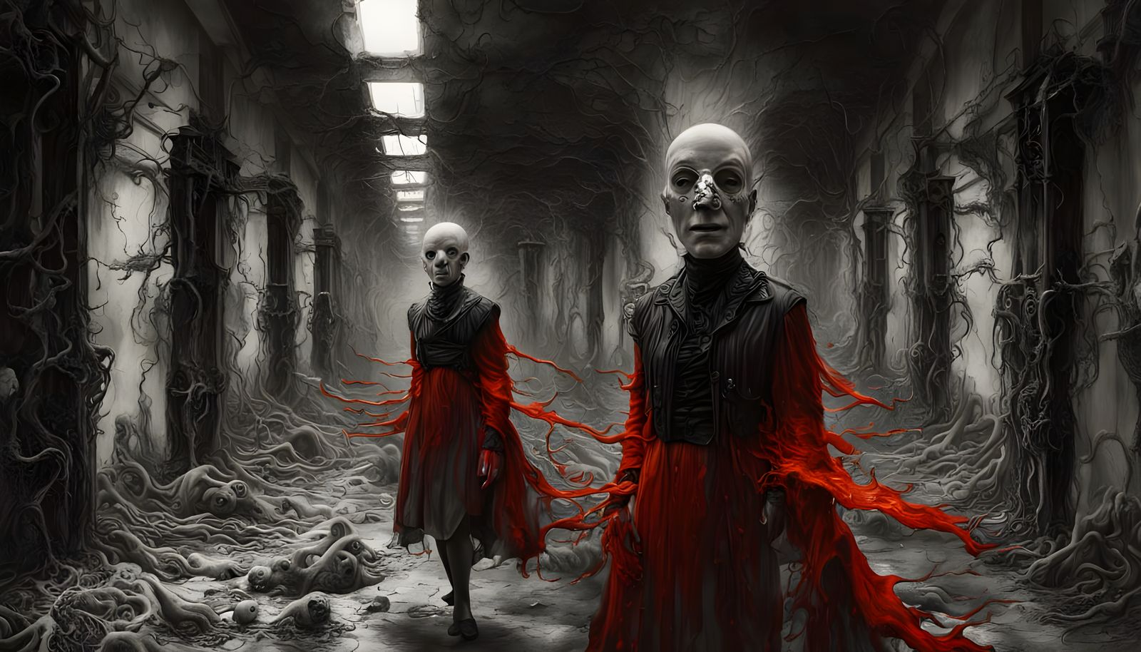 Surreal Schoolgirl in Crimson, Haunting School Hallway Scene