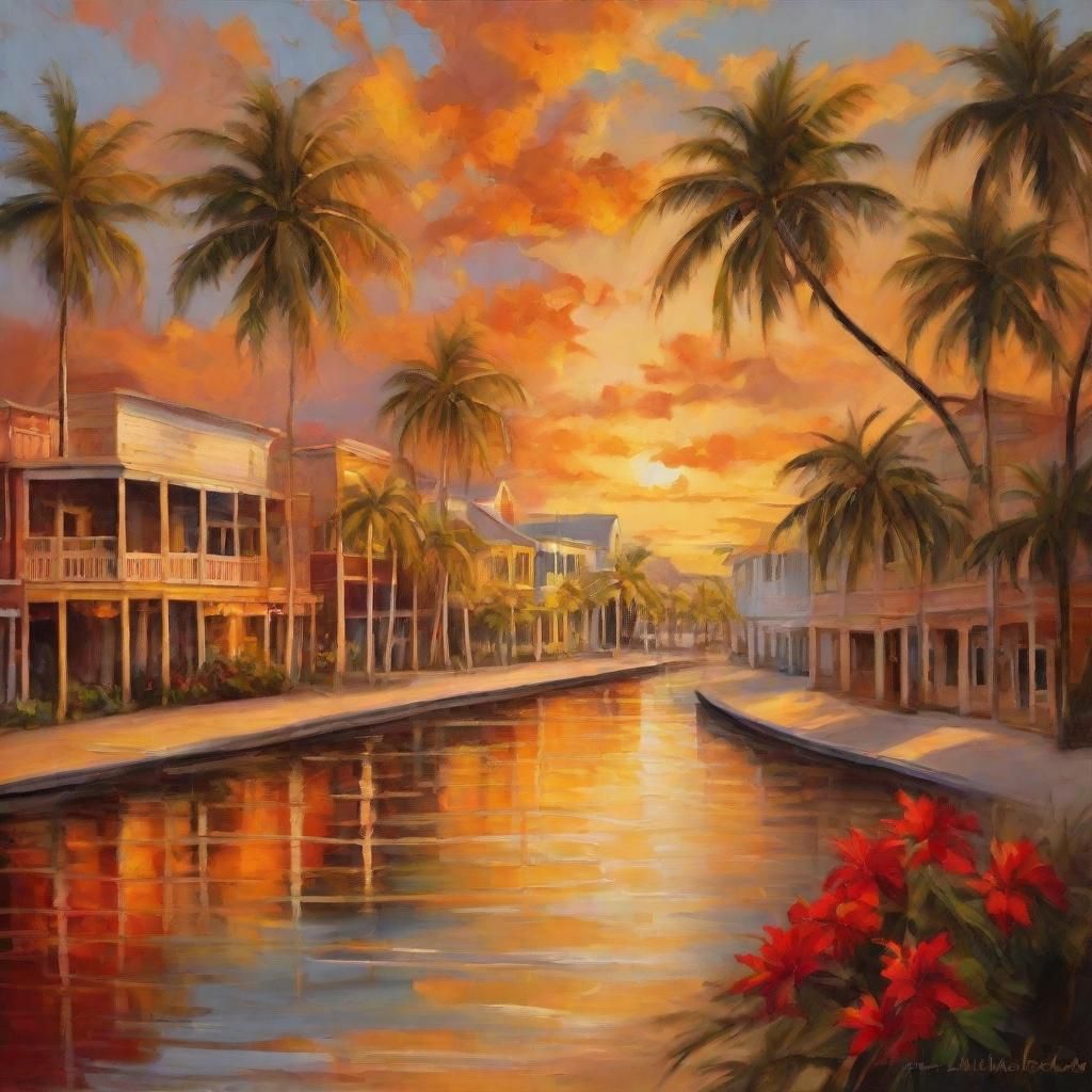 Key West Townscape in Autumn Colors: Oil Painting