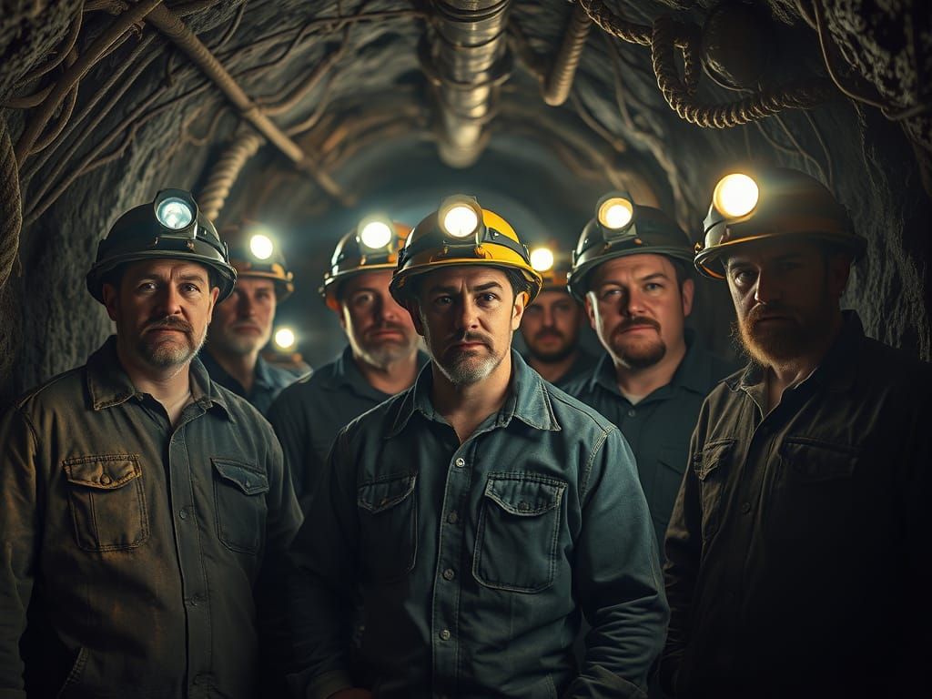 Coal Miners in Dimly Lit Tunnel