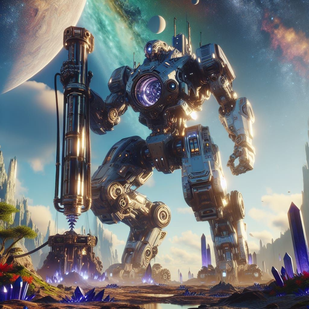 Giant Mech Suit Excavating Crystals on Alien Planet