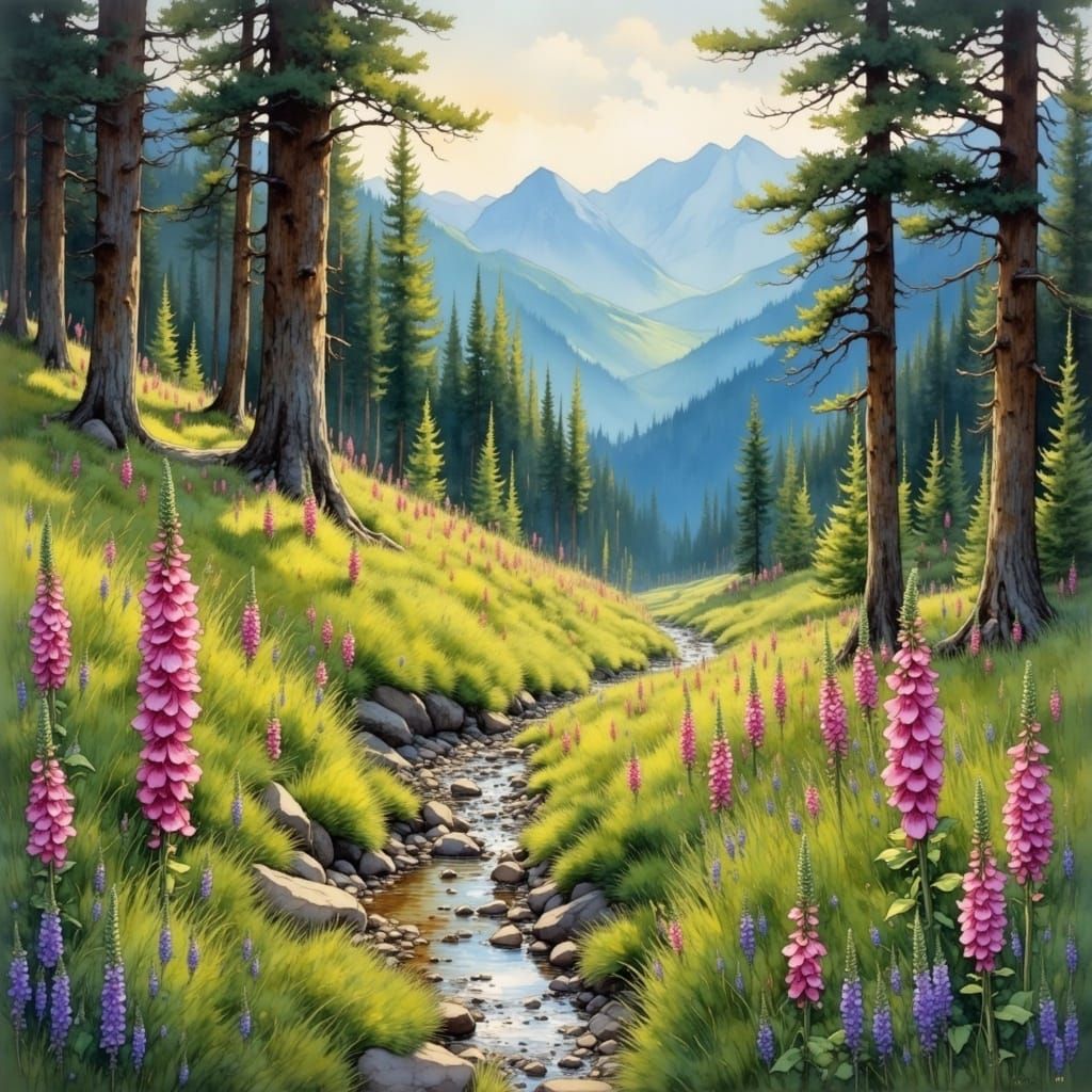 Dreamy Summer Mountain Forest Scene in Painterly Style