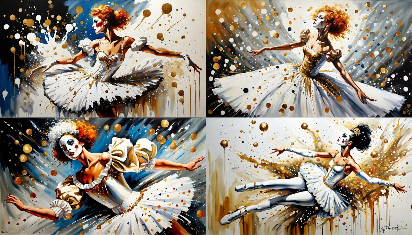 Pierrot Ballerina in Gold Glitter, Surreal Fantasy Art