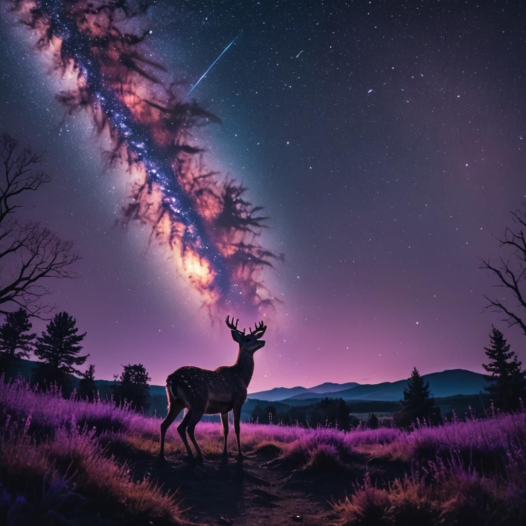 Epic Cinematic Deer Amidst a Vibrant Starry Night Sky