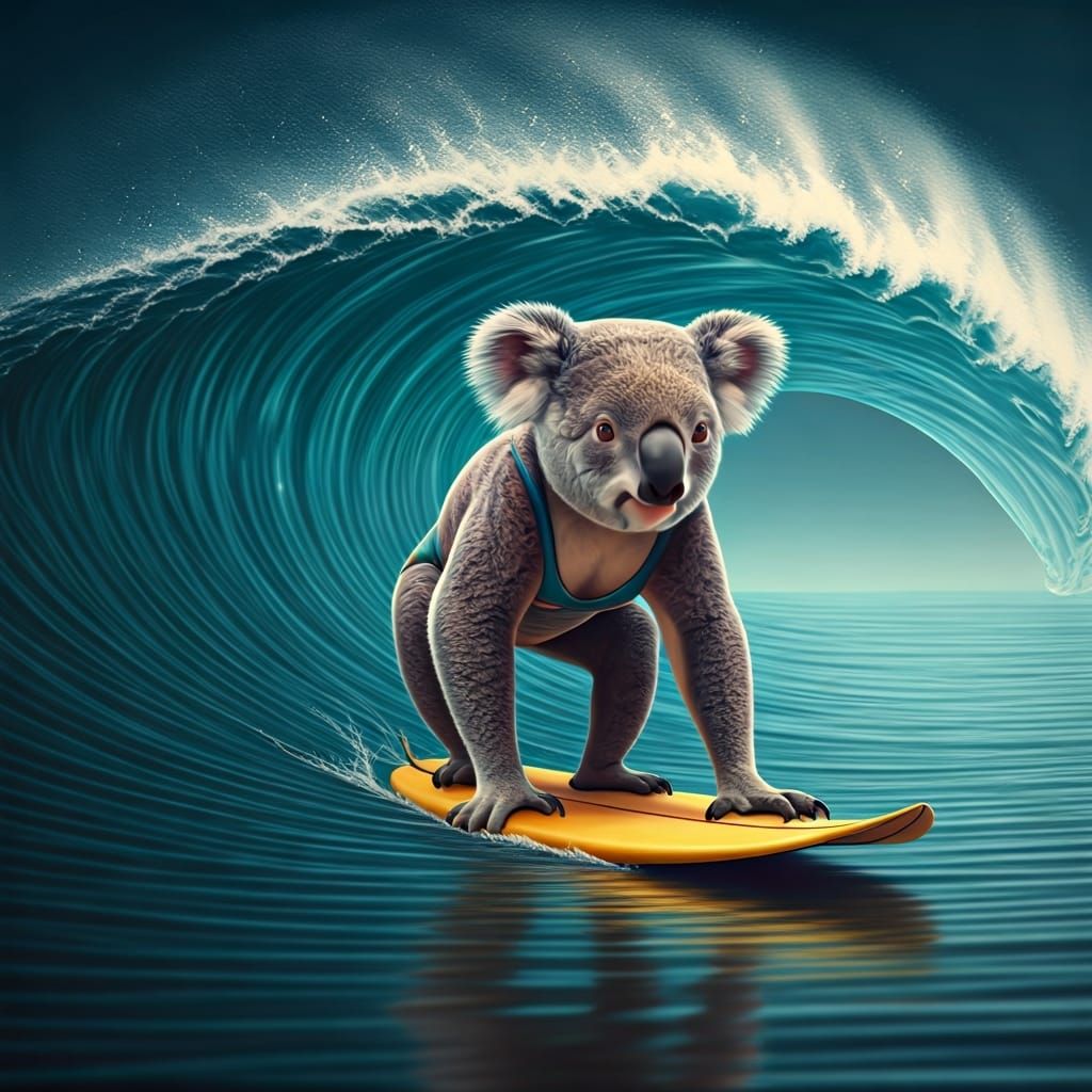 Koala Surfing in a Rainbow Suit, Surreal Art Style