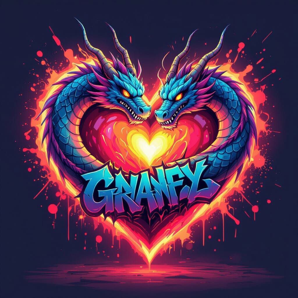Graffiti Dragon Around Fiery Heart, Urban Streetwear Graphic