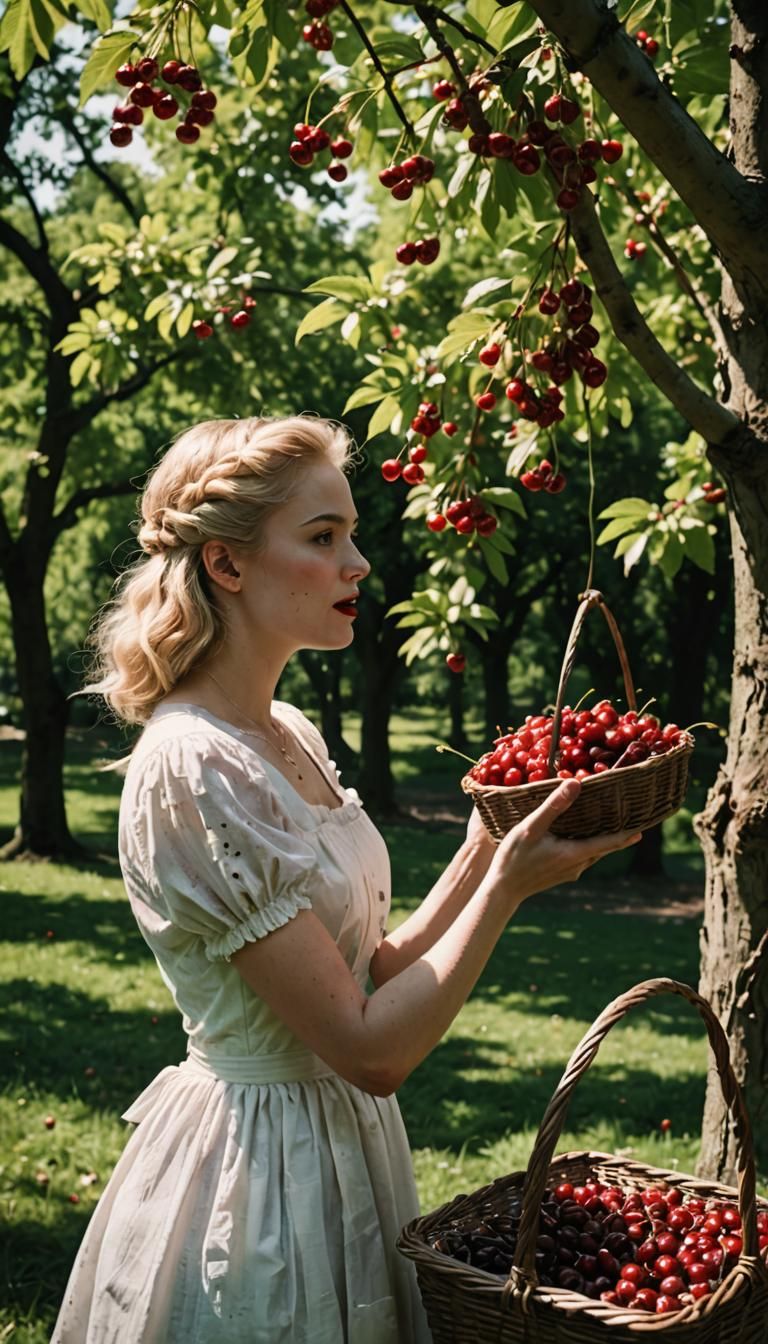 Woman Takes Cherries in Cinematic Film Still