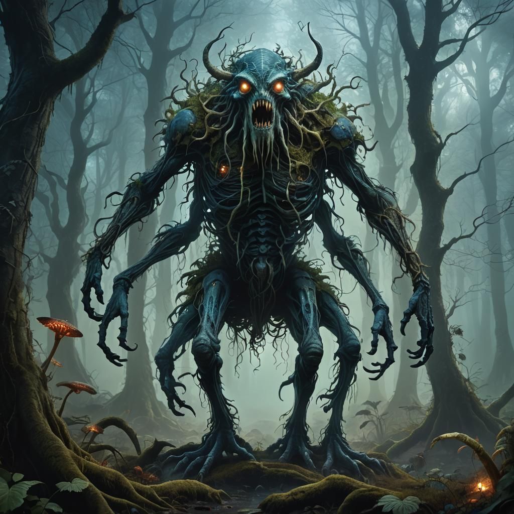 Eerie Dark Fantasy Creature in Misty Forest