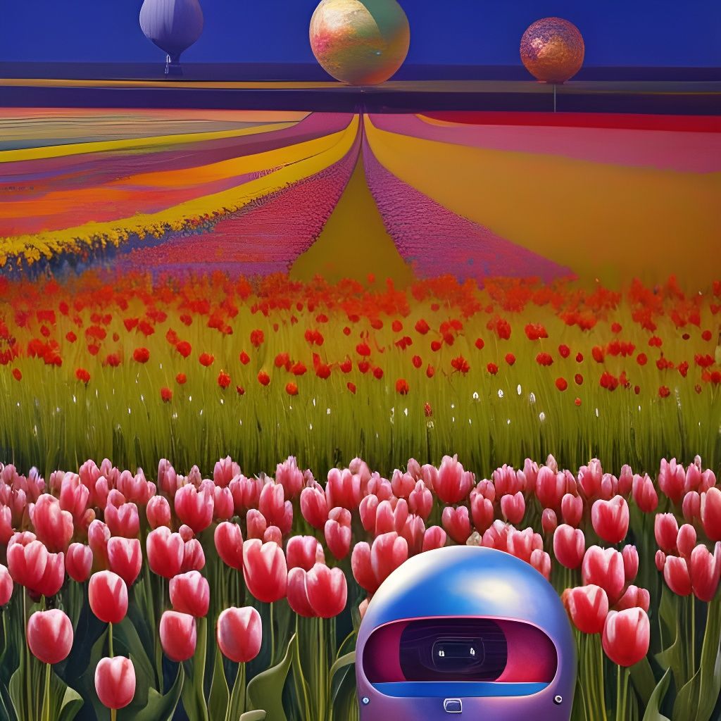 Robot in a tulips field