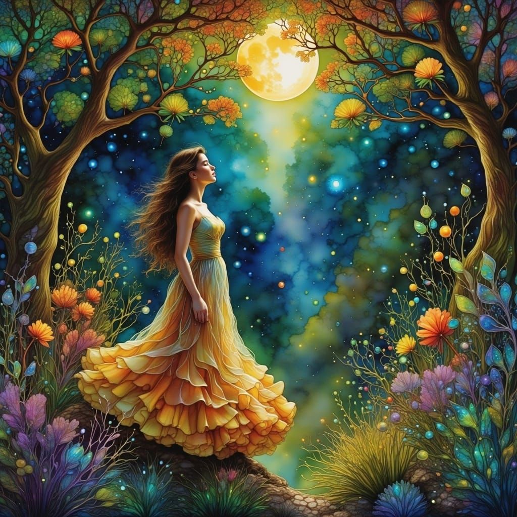 Romantic Garden Goddess Under Full Moonlight