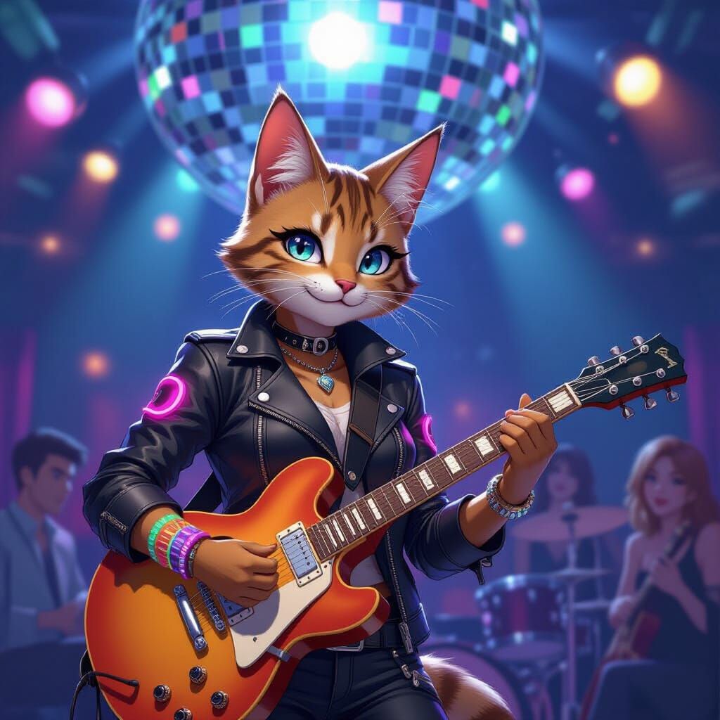 Tabaxi Guitarist at Disco, Anime Concept Art