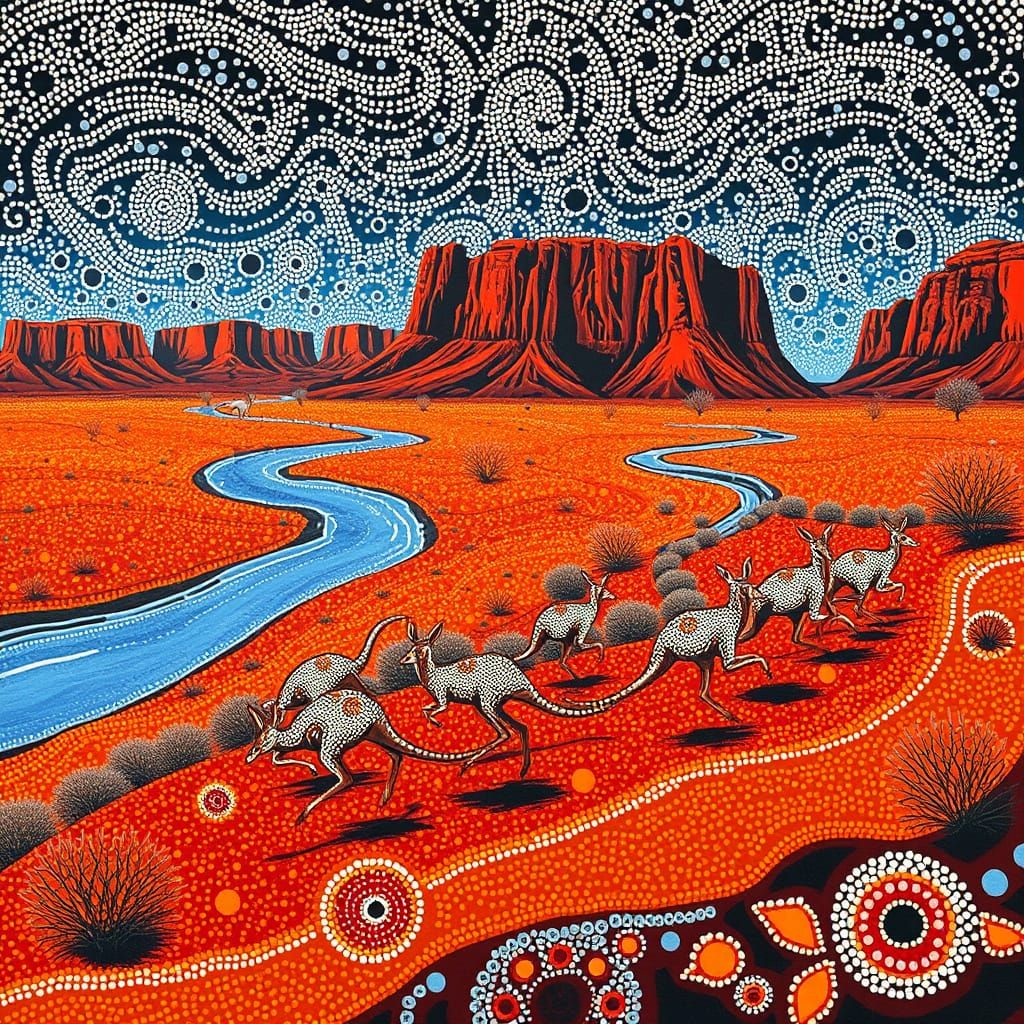 Kangaroos in Vibrant Dreamlike Australian Outback