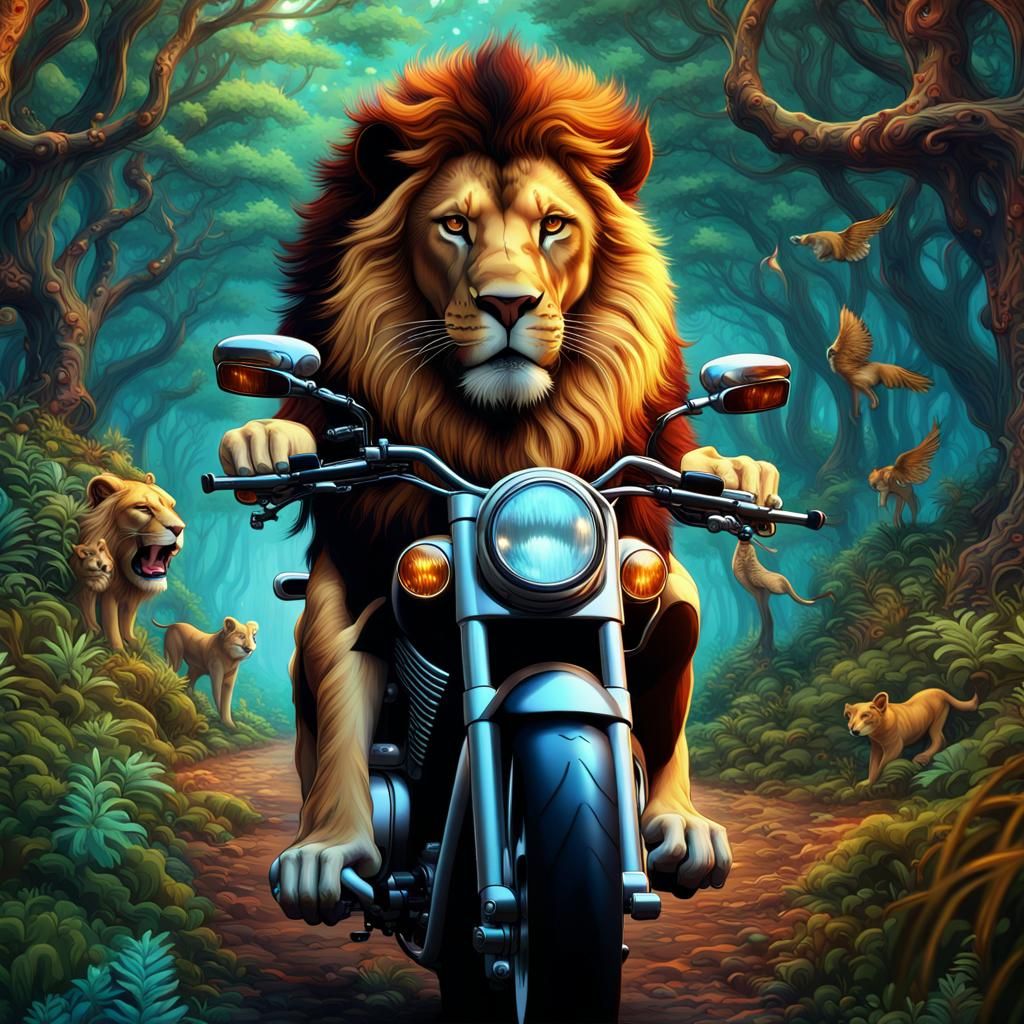 Lion on Motorcycle in Magical Forest: Detailed Digital Paint...