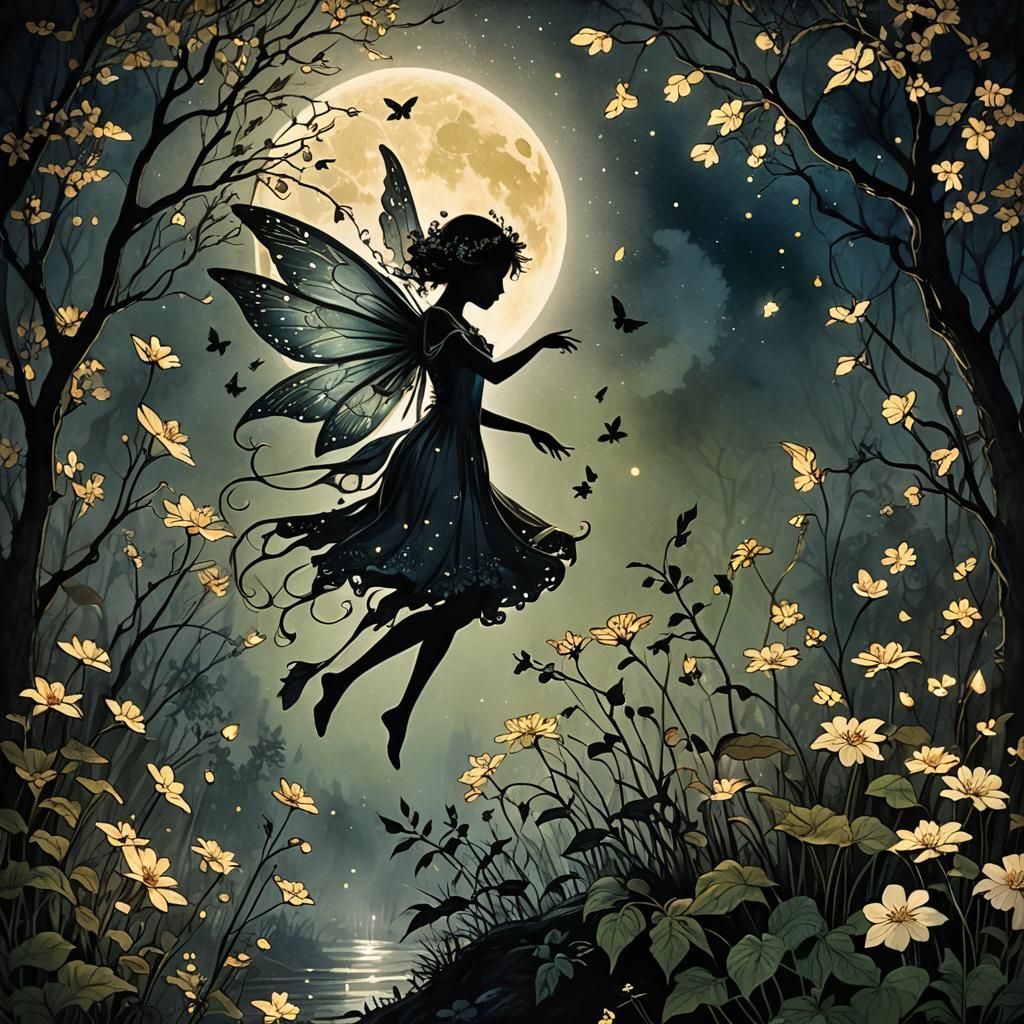 Spring Fairy Silhouette in Moonlight, Vintage Illustration
