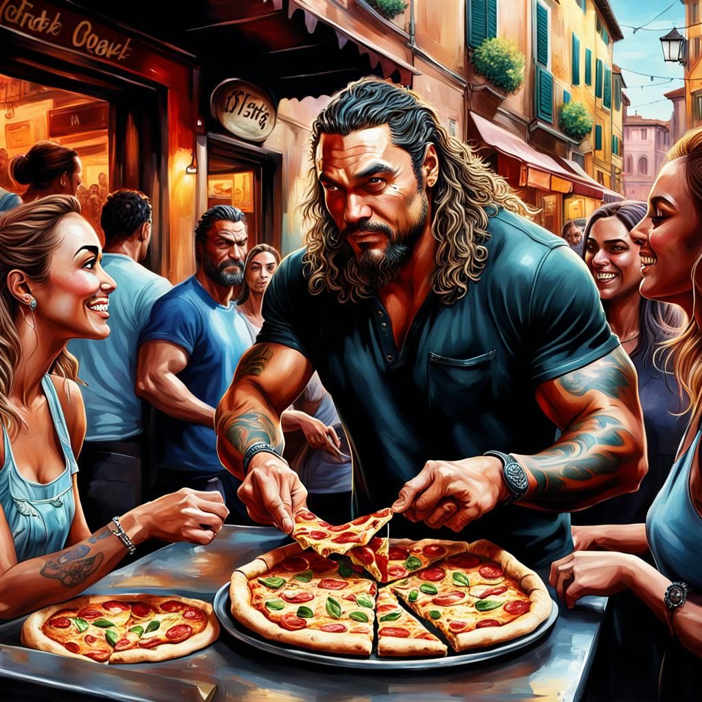 Jason Momoa Serves Pizza in Italy: Hyperrealistic Image