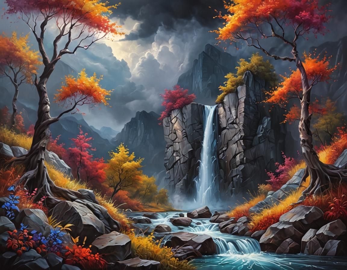 Mountain Waterfall: Vibrant Oil Painting with Jeweled Tree