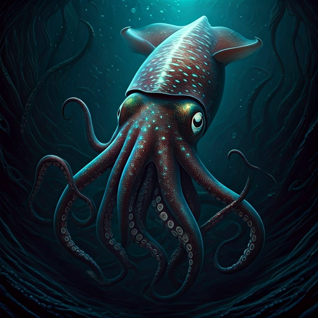 Surreal Squid in Dark Ocean, Dark Art Style