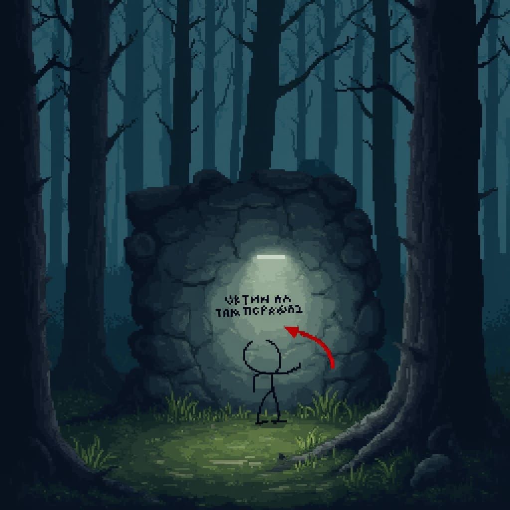 Eerie Pixel Art Forest Wall with Stick Figure